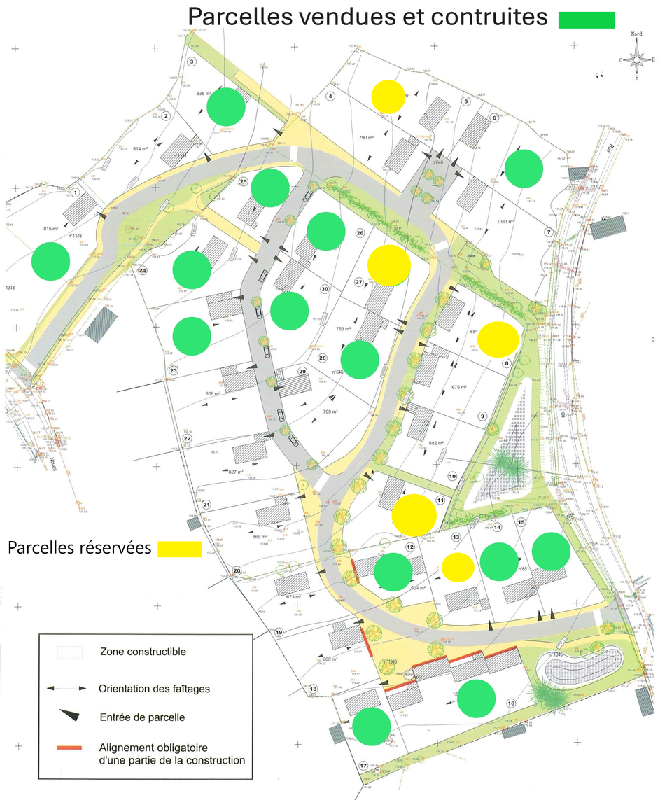 Plan de composition Azay sur Thouet (parcelles, zones constructibles, et état des ventes)